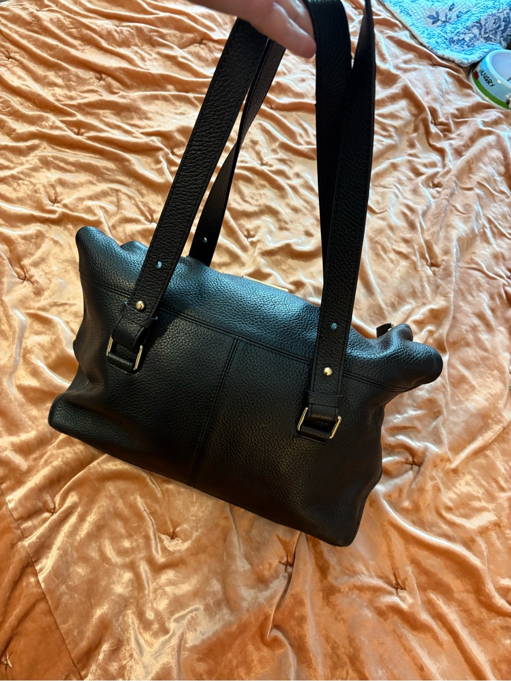 L.L. Bean Black Pebble Leather Shoulder Tote with Gold Plate - Picture 4 of 16